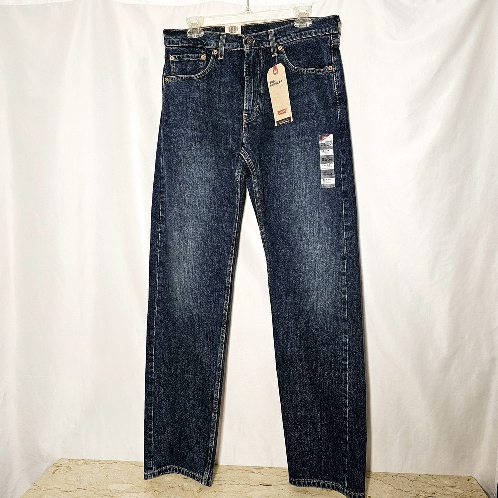 Levi's Mens 505 Regular Stretch Straight Leg Dark Wash Blue Jeans 33x34